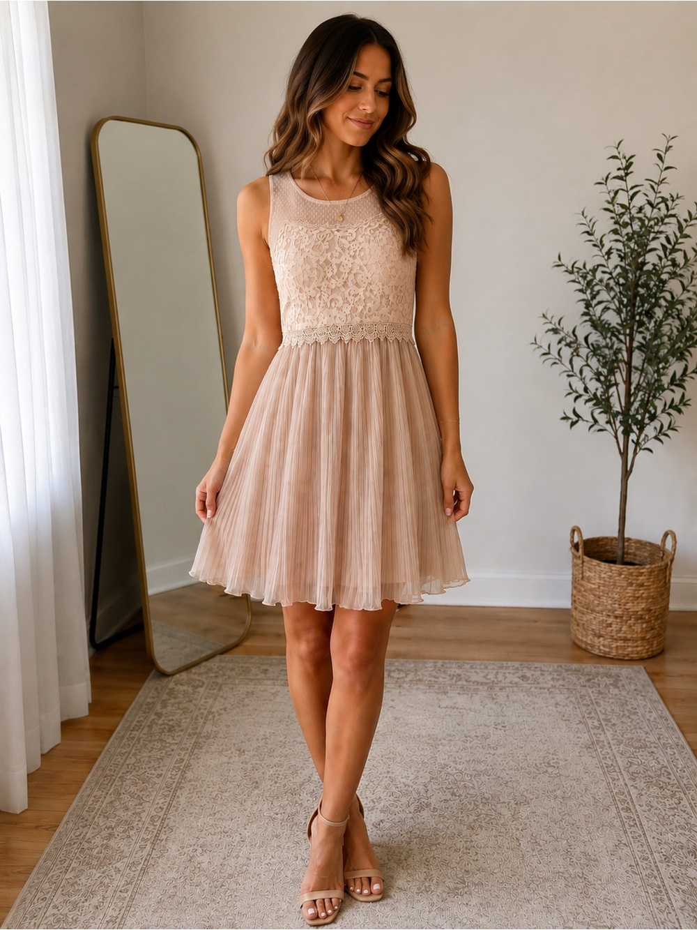 Ultra Pink Women’s Beige Lace & Pleated Chiffon Fit-and-Flare Dress / Romantic